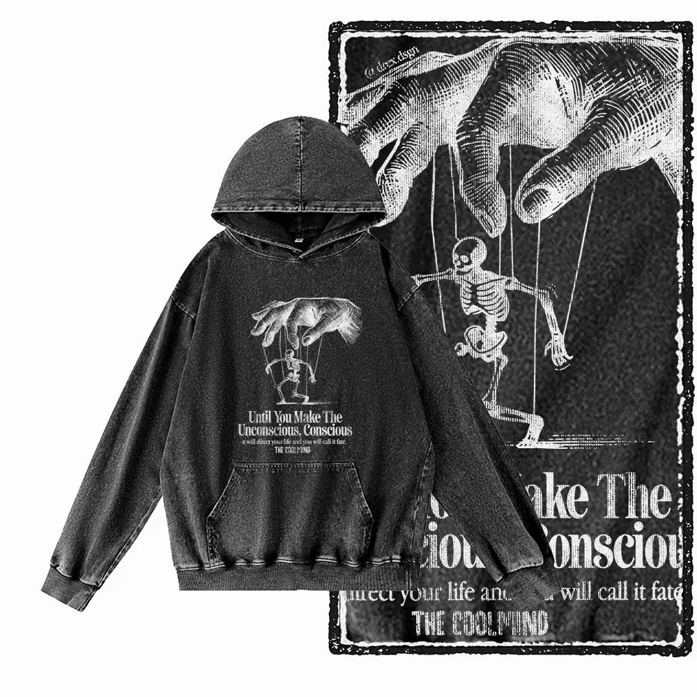 1984 Graphic Acid-Washed Black Streetwear Hoodie