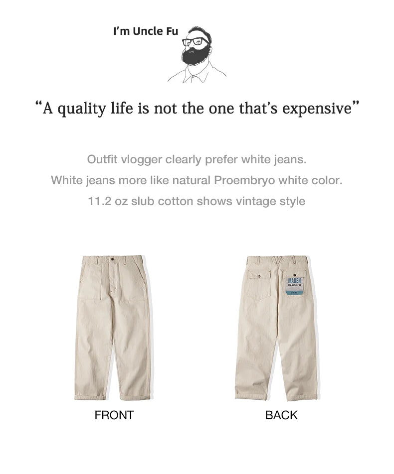 Maden Men's Vintage 11.2oz White Cottonseed Hull Jeans Casual Baggy Fit Straight Trousers for Spring and Fall Chino Cargo Pants
