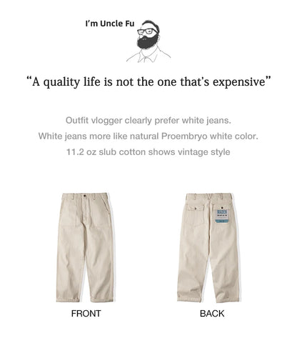 Maden Men's Vintage 11.2oz White Cottonseed Hull Jeans Casual Baggy Fit Straight Trousers for Spring and Fall Chino Cargo Pants