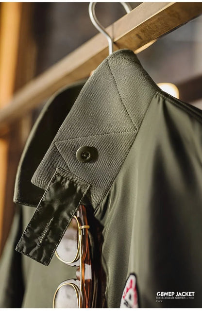 Maden Vintage Military Style G8WEP Jacket Men's Short Length Stand Collar Tactical Coat Green Lightweight Zip-Up Field Jacket