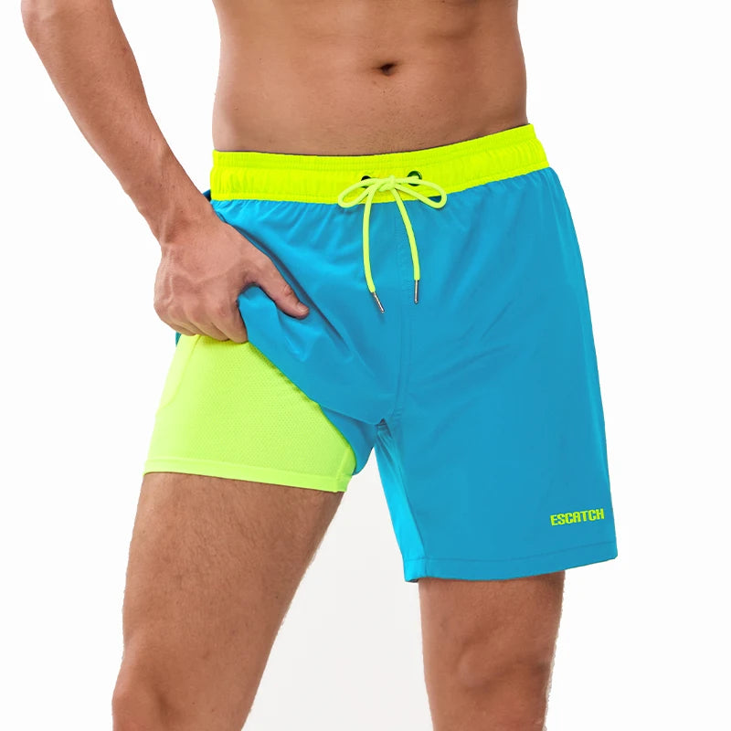 Men's DATIFER 2026 beach boardshorts with embroidery logo, long lining, elastic waist, suitable for swimming and gym workouts.