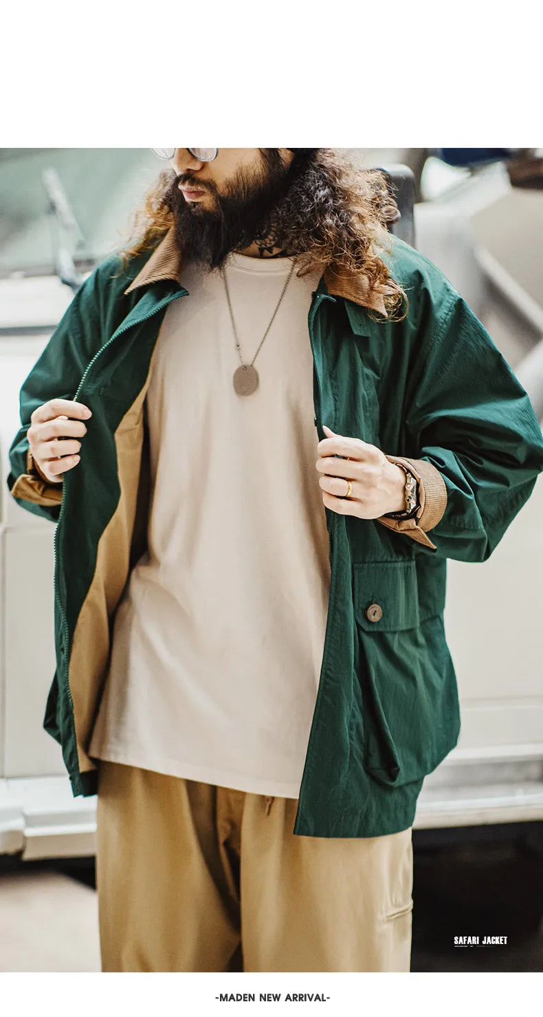 Maden Men's Retro Multi-pocket Safari Jacket Green Loose Corduroy Lapel Classic Coat Versatile Outerwear for Spring and Autumn