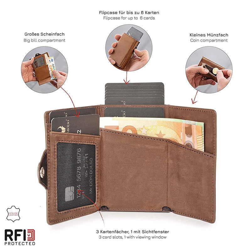 100% Crazy Horse Genuine Leather Men's Wallets - Rfid Card Holder