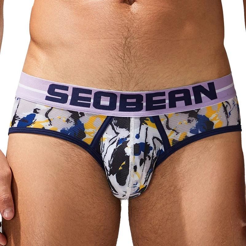 SEOBEAN Men's Printed Briefs Comfortable Breathable Underwear with U Convex Pouch Stylish Triangle Design