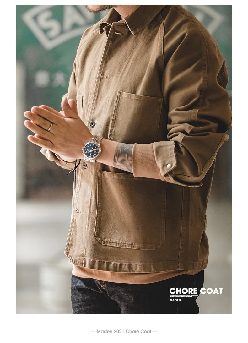 Maden Heavyweight Twill Fabric Four-pocket Chore Coat for Men Khaki Color Turn-down Collar Utility Jacket Male Autumn Jackets
