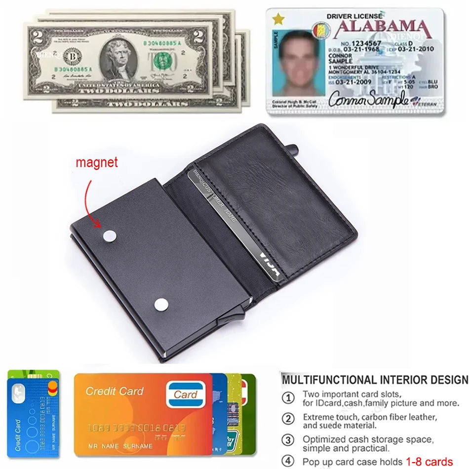 Magnetic RFID Blocking Credit Card Holder Men Wallets Anti Theft Aluminum Metal Pu Leather Small Pop Up Wallet Cardholder Case