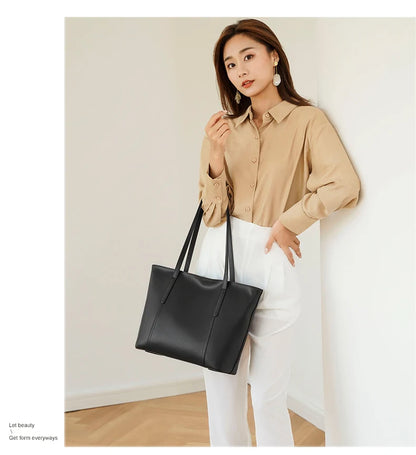 FOXER Split Leather Shoulder Bag for Women Simple Large Capacity Tote Lady Classic Black Handbag Gift for Wife, Lover