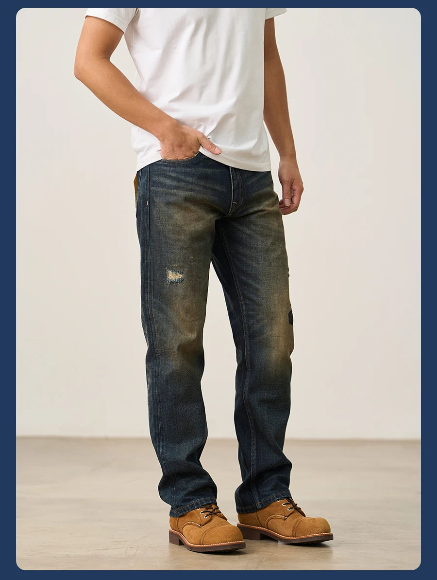 SIMWOOD 2026 Spring New Loose Straight 16oz Heavyweight Selvedge Denim Jeans Men Vintage Distressed Ripped Jeans