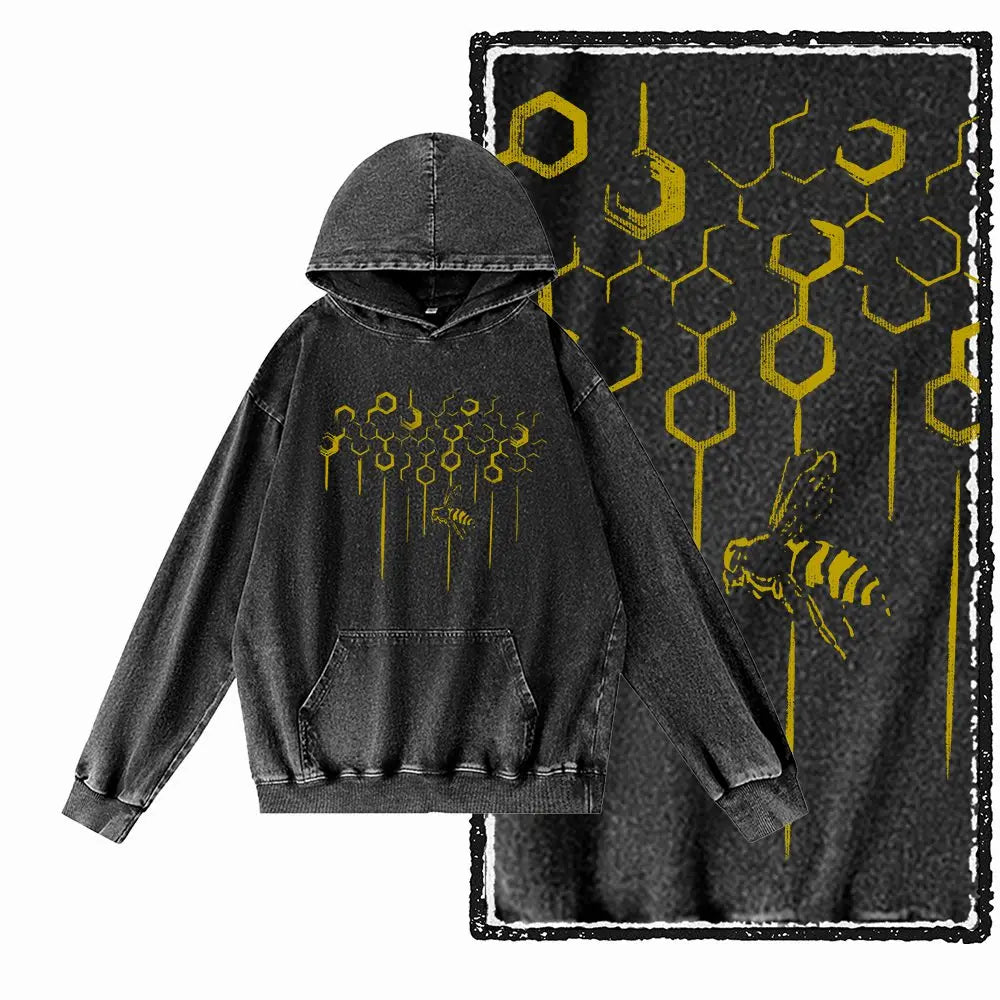 Hive Mind Bees Graphic Acid-Washed Black Hoodie