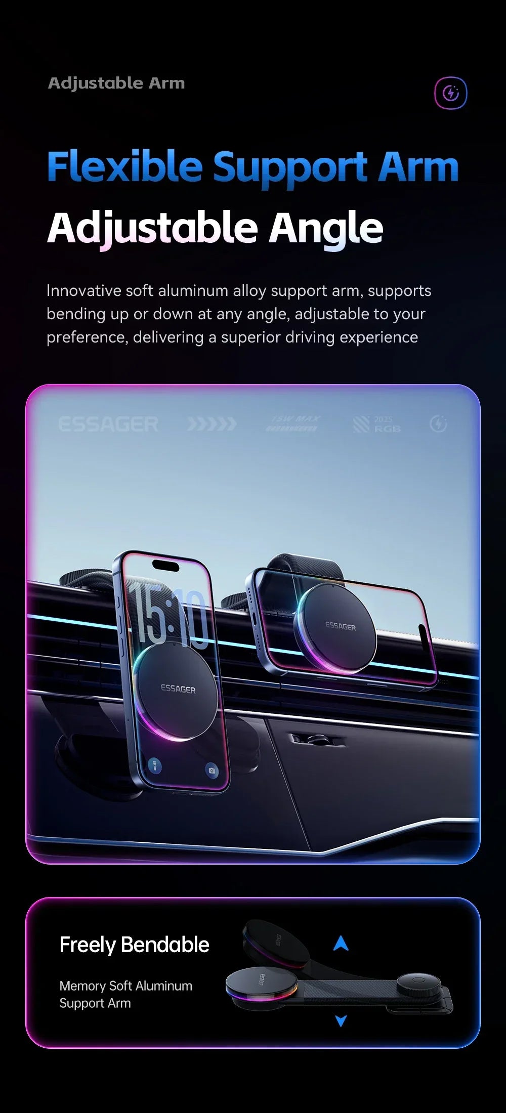 Essager 360° Free Rotation Magnetic Car Phone Holder and LED 15W Wireless Charger Stand - ShopHub