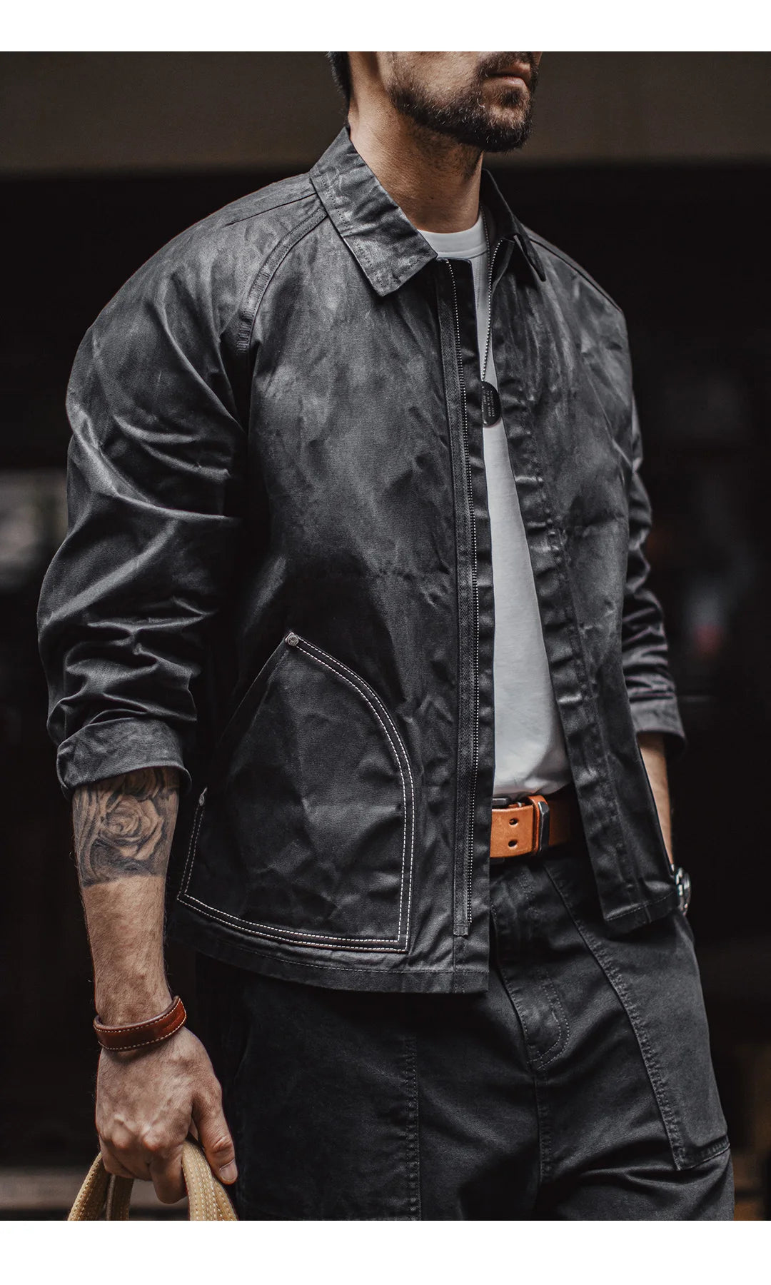 Maden Black Oil Waxed Canvas Hunting Jacket Contrast Topstitching Rugged Cropped Outerwear Casual Short Length for Men Autumn