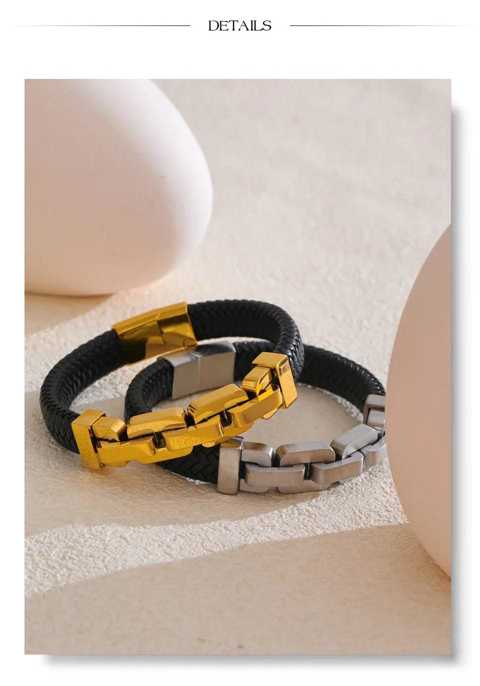 18K PVD Plated Stainless Steel Metal Chain Leather Handmade Men's Bracelet Bangle - ShopHub