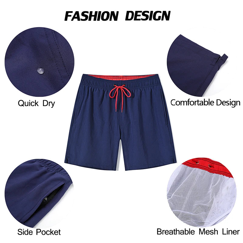 Men's summer swimming shorts by ShopHub NZ, quick-dry polyester with breathable mesh lining and a pocket for active beachwear.