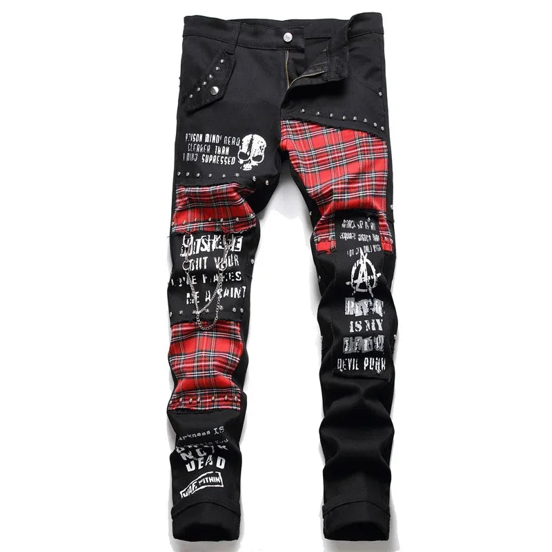 Men's Scotland Red Plaid Tartan Patchwork Jeans - ShopHub