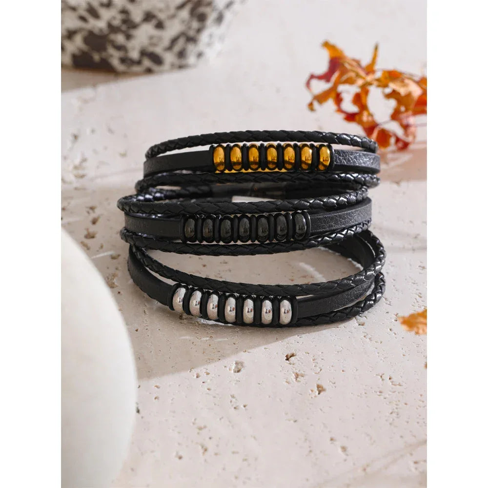Stylish Black Fibre Leather Layered Men's Wrist Bracelet Bangle - ShopHub