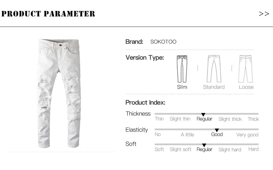 Sokotoo Men's White Crystal Holes Ripped Jeans - ShopHub