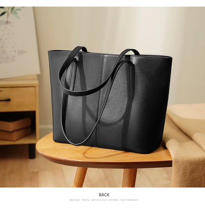 FOXER Split Leather Shoulder Bag for Women Simple Large Capacity Tote Lady Classic Black Handbag Gift for Wife, Lover