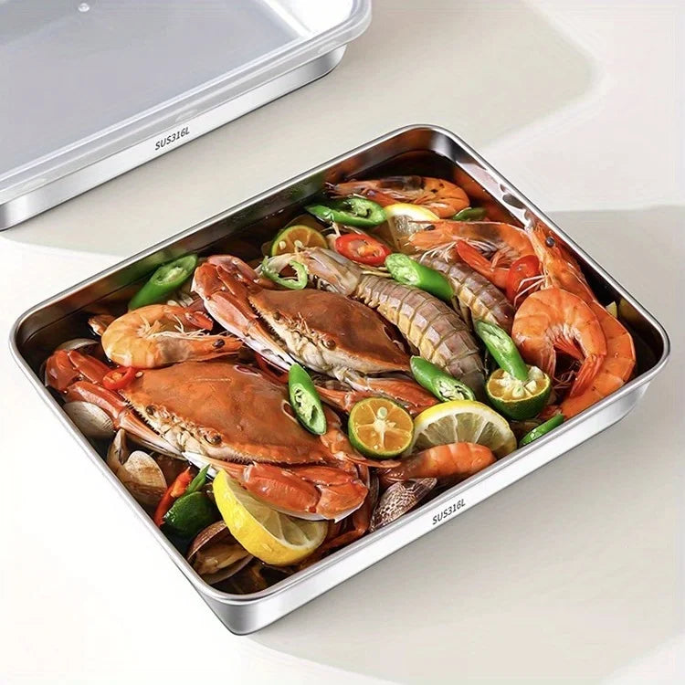 Stainless Steel Kitchen Tray with Lid - 1Pc Food-Grade Square Tray