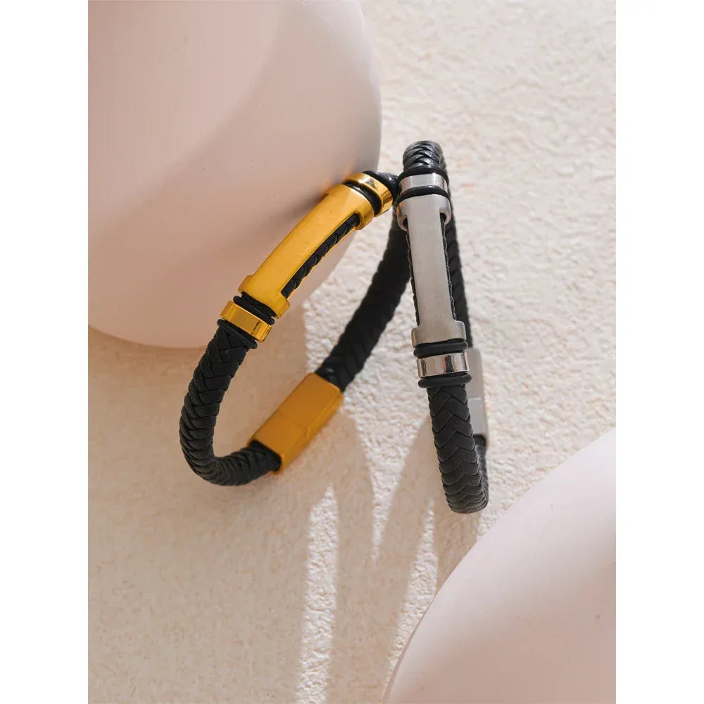 70mm Vintage Stainless Steel Black Leather Braided Handmade Men's Bracelet Bangle - ShopHub