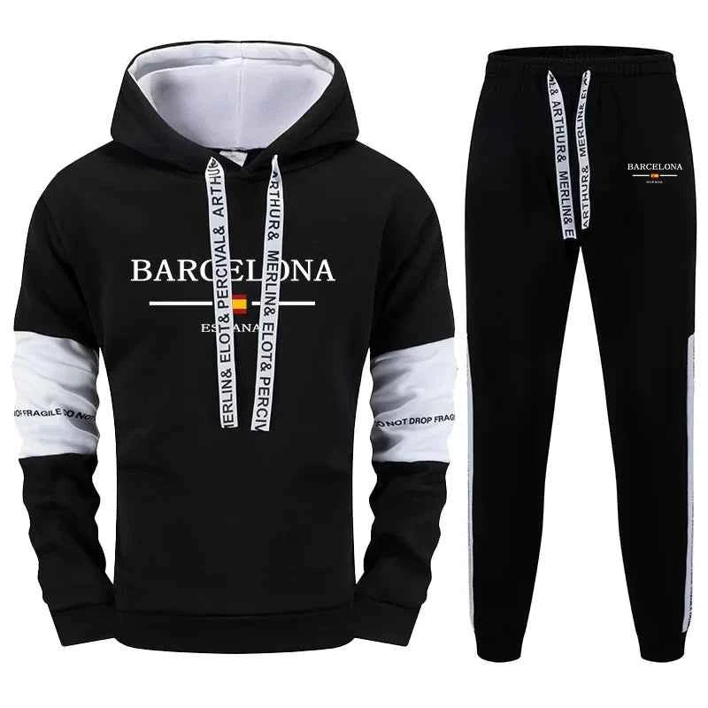 Men's Barcelona Print Hoodies and Sweatpants - Casual Autumn Winter Streetwear Jogging Suit