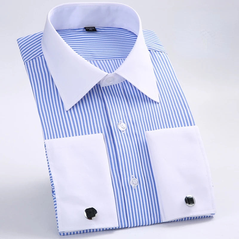 Quality Gentle Formal Men's Dress Shirt with French Cuff, Long Sleeve Solid & Striped Styles, Plus Size & Cufflinks Included