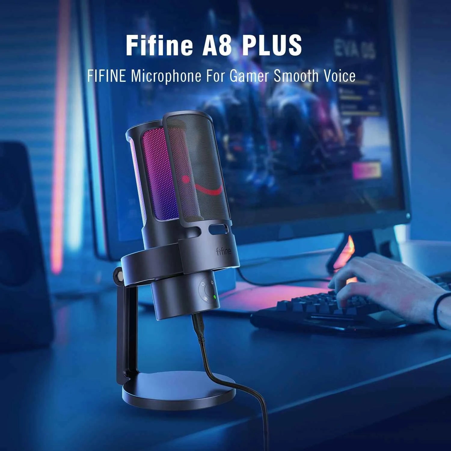FIFINE Ampligame A8 PLUS USB MIC with Contrallable RGB,3 Capsules 4 Polar Patterns,Gain Dials,a Live Mic Jack & a Mute Touch