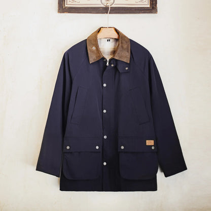Maden Vintage Men's Blue Safari Jacket Waterproof Hunting Coat Loose Fit Windproof Contrast Collar Windbreak  for Spring Fall