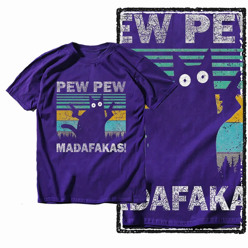 G49 Purple Big Size Cool 100% Cotton  Men's Cat Printed Graphic T-shirt |  Streetwear O-neck men's Tee Tshirt