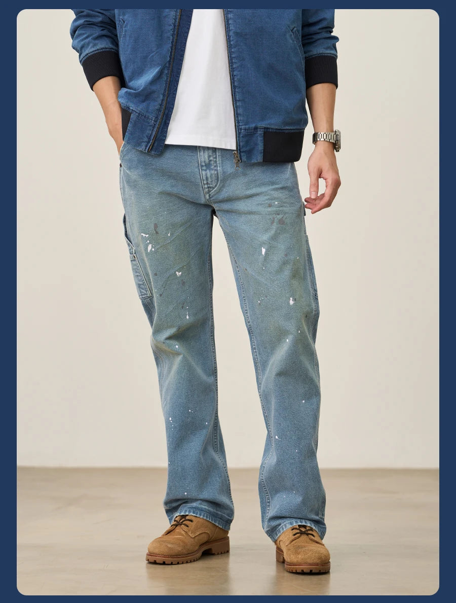SIMWOOD High Standard 2026 Autumn New Loose Relax 12oz Fabric Denim Logger Pants Men Outdoor Workerwear Paint Splatter Jeans