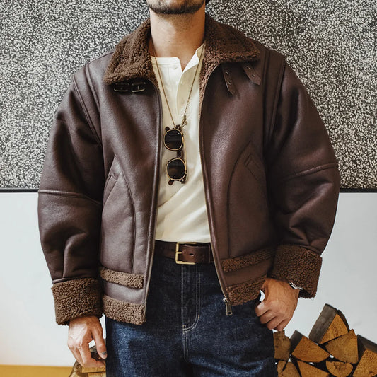 Maden Vintage B3 Bomber Jacket Faux Leather Jacket Fleece-lined Thickened Warm Motorcycle Solid-color Outerwear for Men's Winter