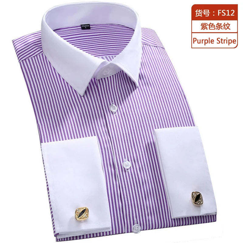 Quality Gentle Formal Men's Dress Shirt with French Cuff, Long Sleeve Solid & Striped Styles, Plus Size & Cufflinks Included