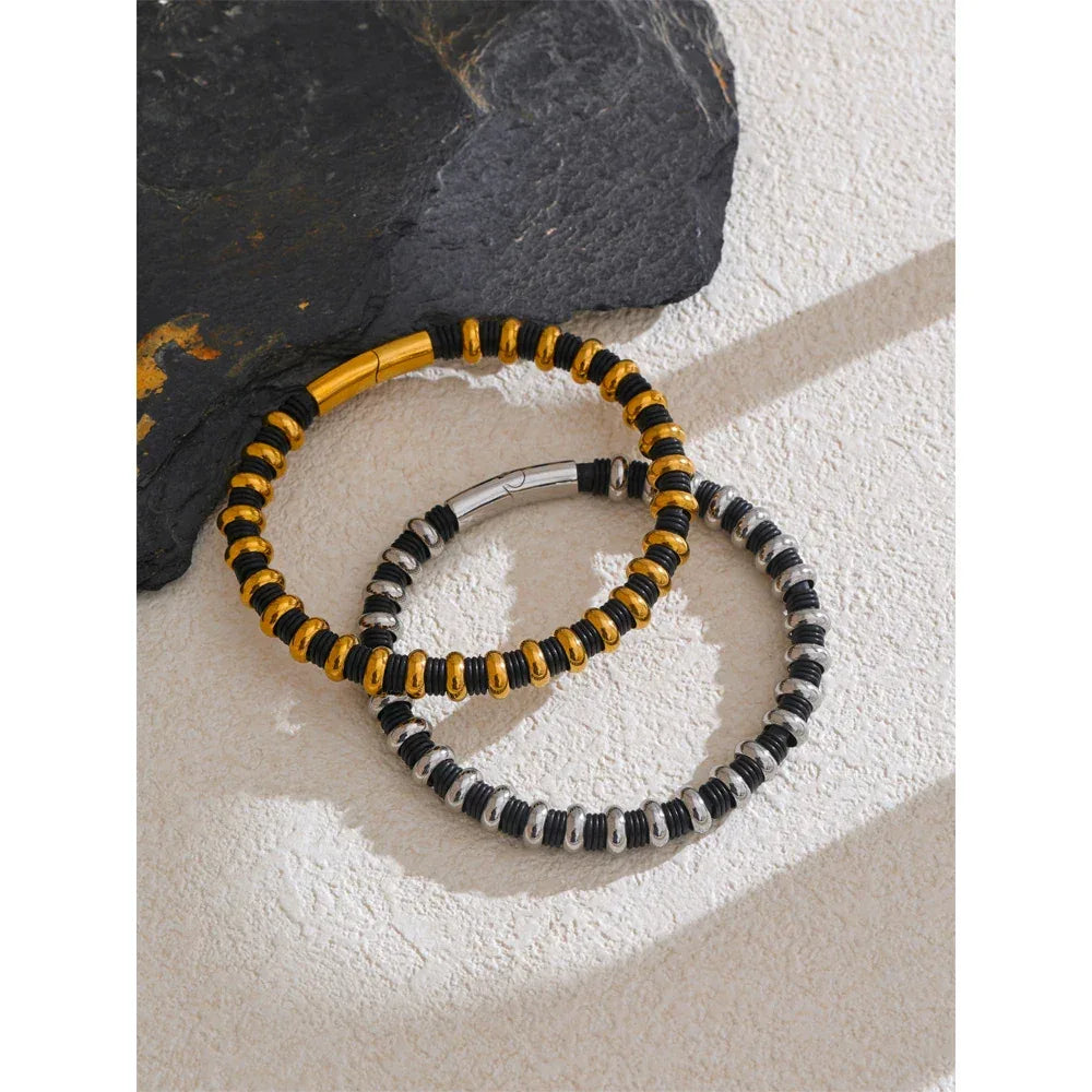 65mm Distinctive Stainless Steel Leather Metal Beads Bracelet Bangle - ShopHub