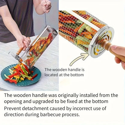 2Pcs Stainless Steel BBQ Grill Set - Heavy Duty Camping Cooking Tool with Wood Handle & Hook
