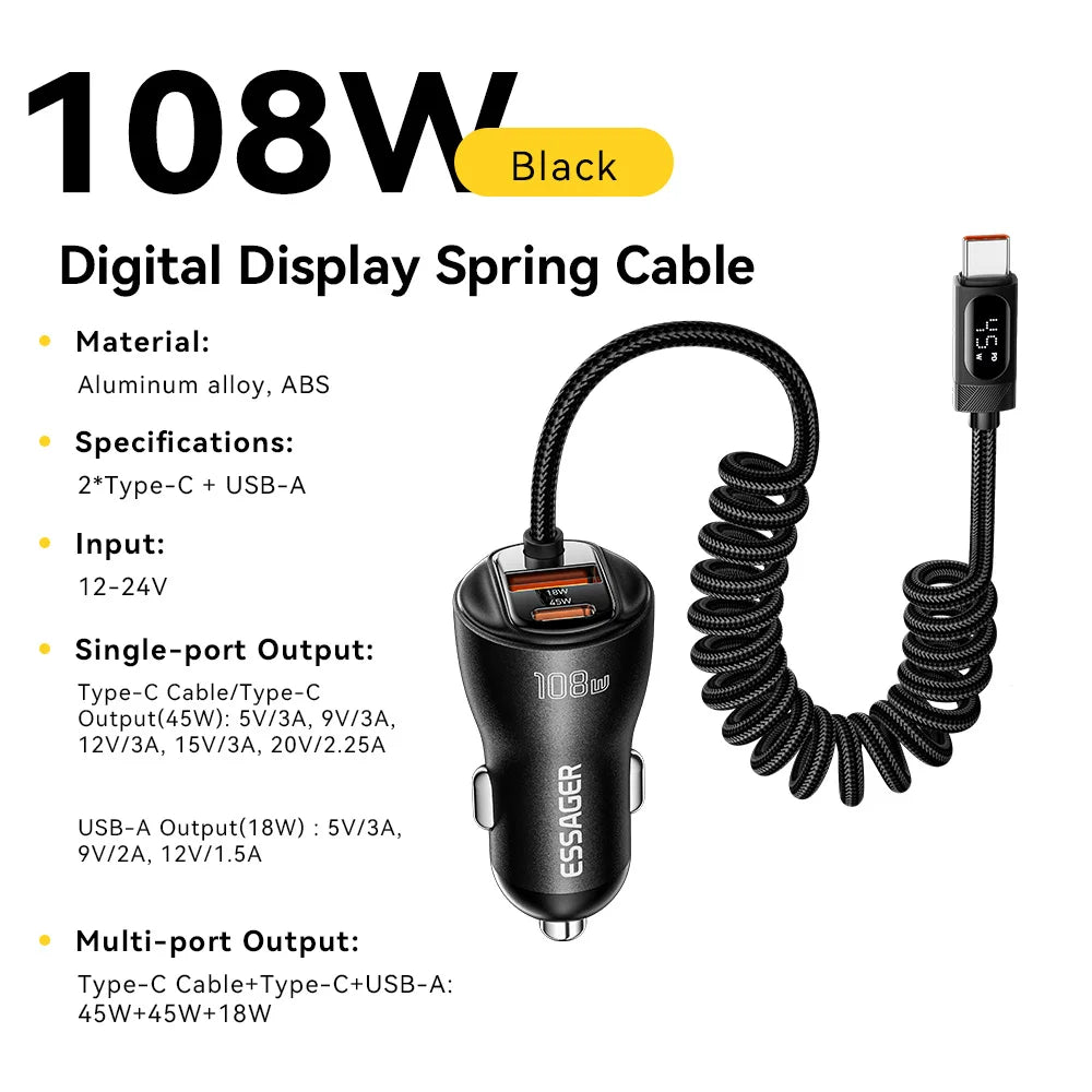 Essager 108W Car Charger USB-C & USB-A Ports