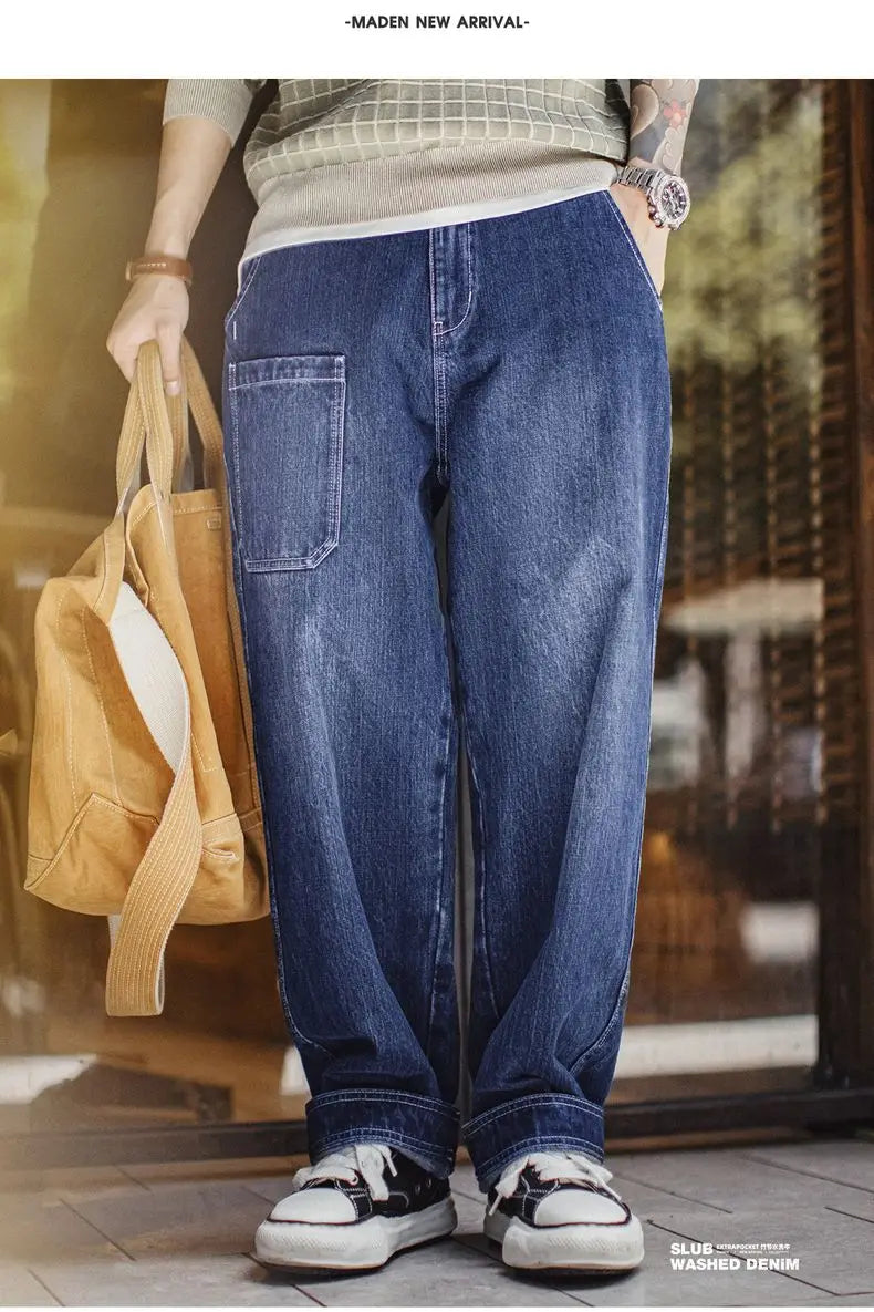 Maden 15oz Slub Cotton Denim Jeans Vintage Men's Washed Blue Straight Tapered Trousers Pants with Pockets for Men Autumn Winter