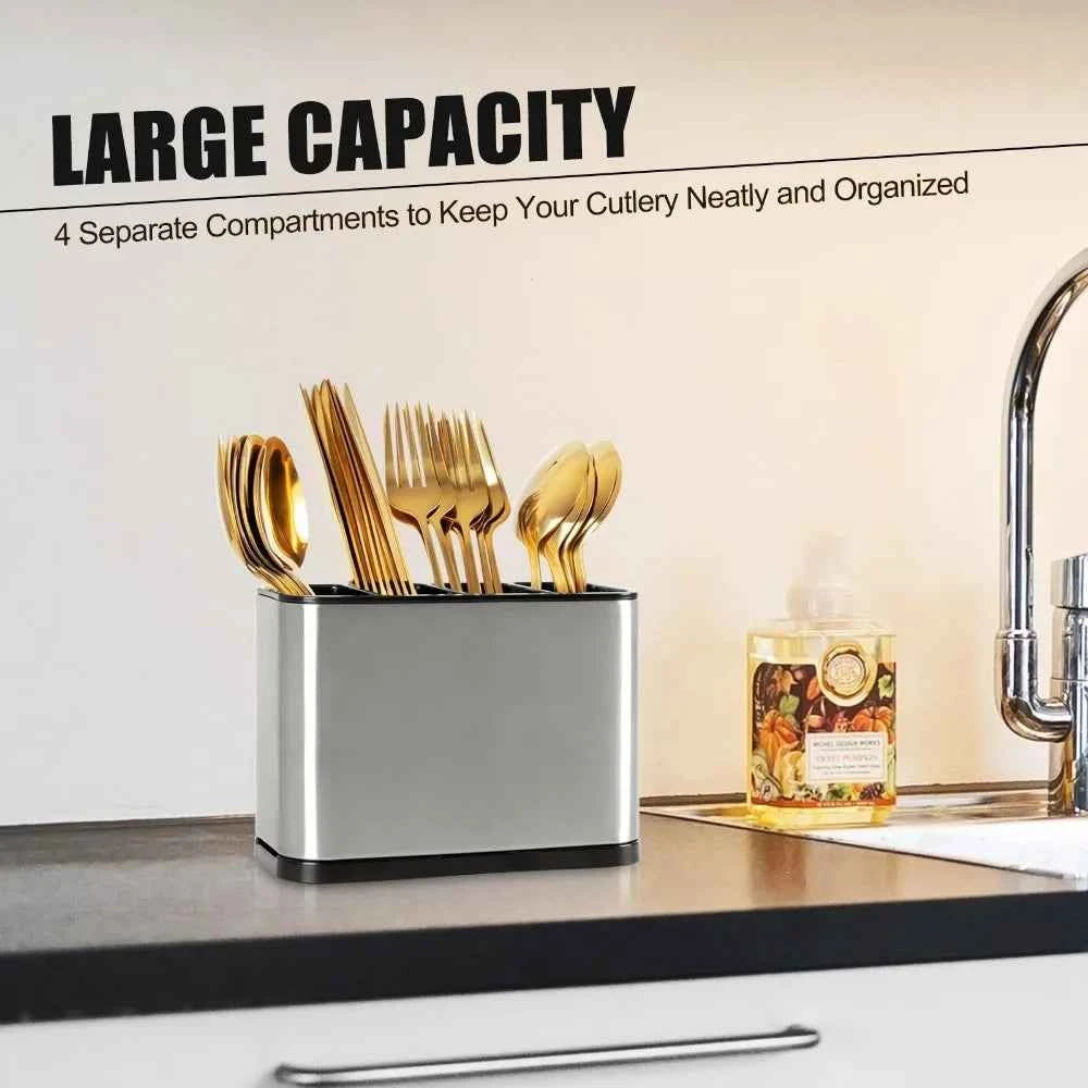1Pc Stainless Steel Cutlery Holder with 4 Compartments, Rustproof Organizer for Kitchen Counter, Large Capacity Utensil Storage