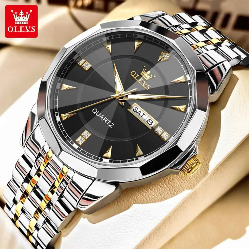 OLEVS 9977 Mens Watch Original Quartz Luminous Waterproof Day-Date Watch for Ladies and Gentlemen with Gift Box