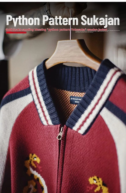Maden Vintage Yokosuka Embroidered Jacket Men's Jacquard Knitted Cardigan Thickened Warm Zippered Baseball Coat for Fall Winter