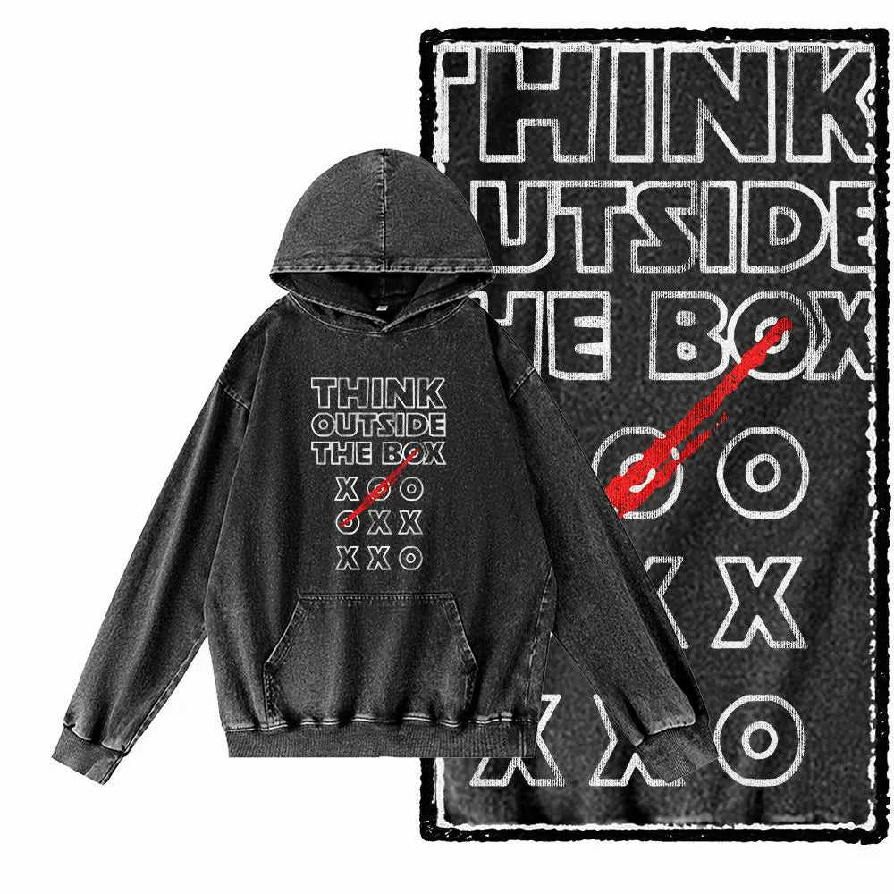 Think Outside the Box Acid-Washed Black Graphic Hoodie