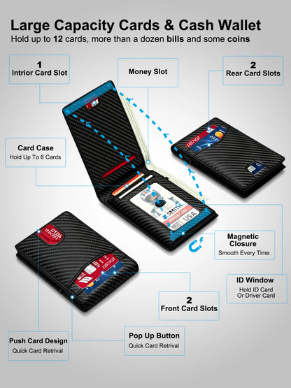 RFID Blocking Mens Wallet Minimalist Slim Magnetic Pop-Up Card Holder Metal Bank Credit Cardholder Bifold Smart Wallets for Men
