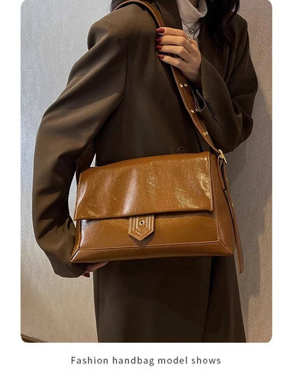 Retro Women's Shoulder Bag 2026 New Simple Large Tote Bag Split Leather + PU Female Soild Crossbody Bag Purse