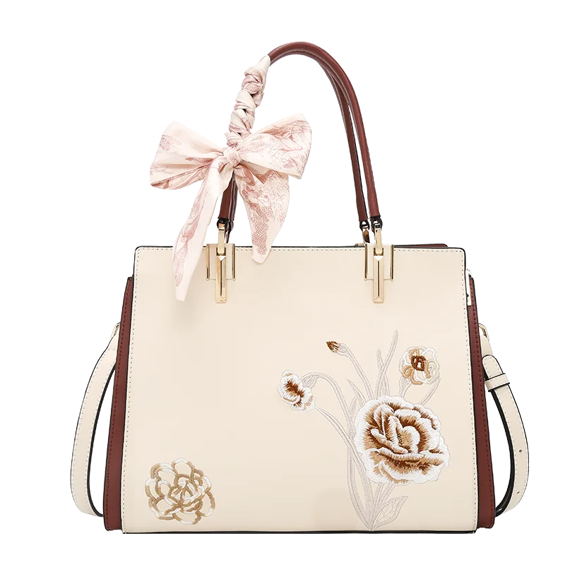 FOXER Luxury Embroidery Women's Handbag Split Leather Elegant Lady Tote Bag Chinese Style Shoulder Bag Best Mother's Day Gift