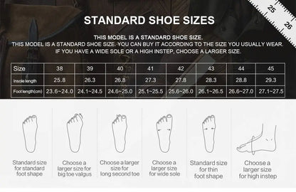 Standard shoe size chart with foot measurements and illustrations on a dark background