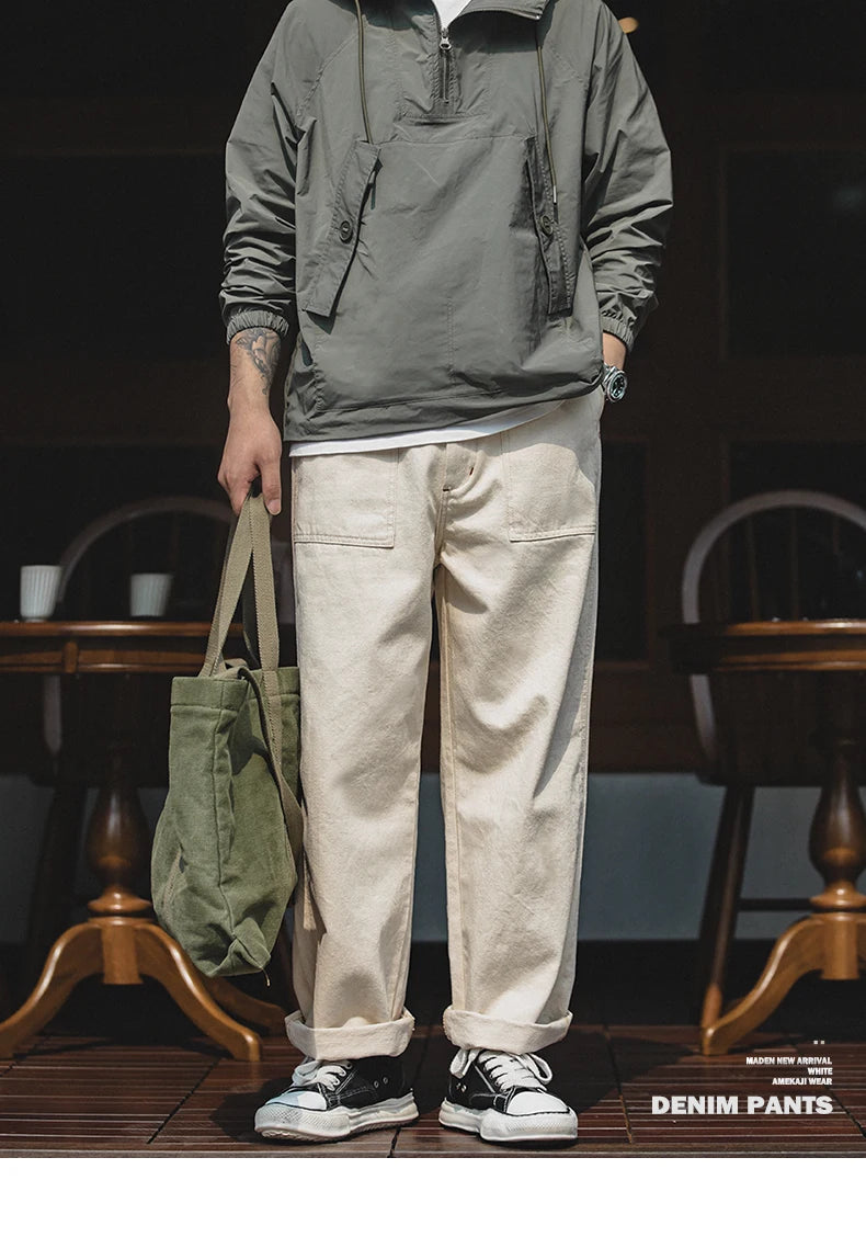 Maden Men's Vintage 11.2oz White Cottonseed Hull Jeans Casual Baggy Fit Straight Trousers for Spring and Fall Chino Cargo Pants