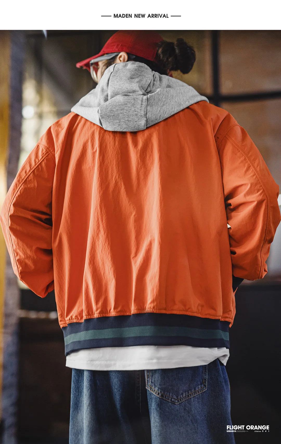 Maden Men's Retro Patchwork Color-Block Hooded Flight Jacket Orange Bomber Jacket Casual Zip-Up Lightweight Spring Fall Outwear