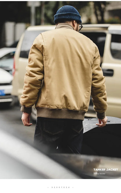 Maden Men’s Brown Flight Bomber Jackets Vintage Pilot Aviator Monocycle Jacket Slim Fit With Patches Stand Collar