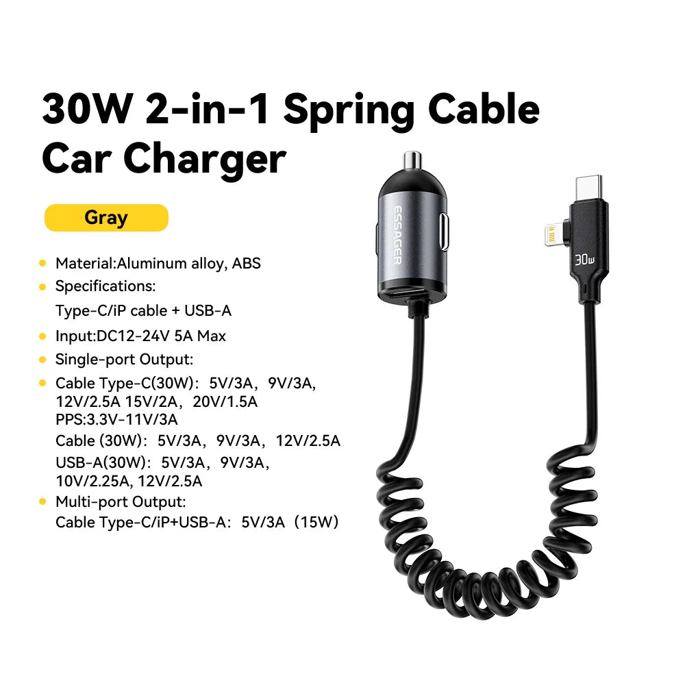Essager 30W 2 In 1 Spring Cable Car Charger