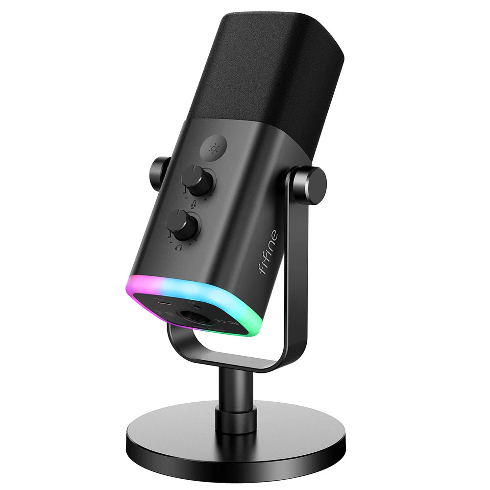 FIFINE USB/XLR gaming microphone with adjustable stand and black body, ideal for streaming and recording.