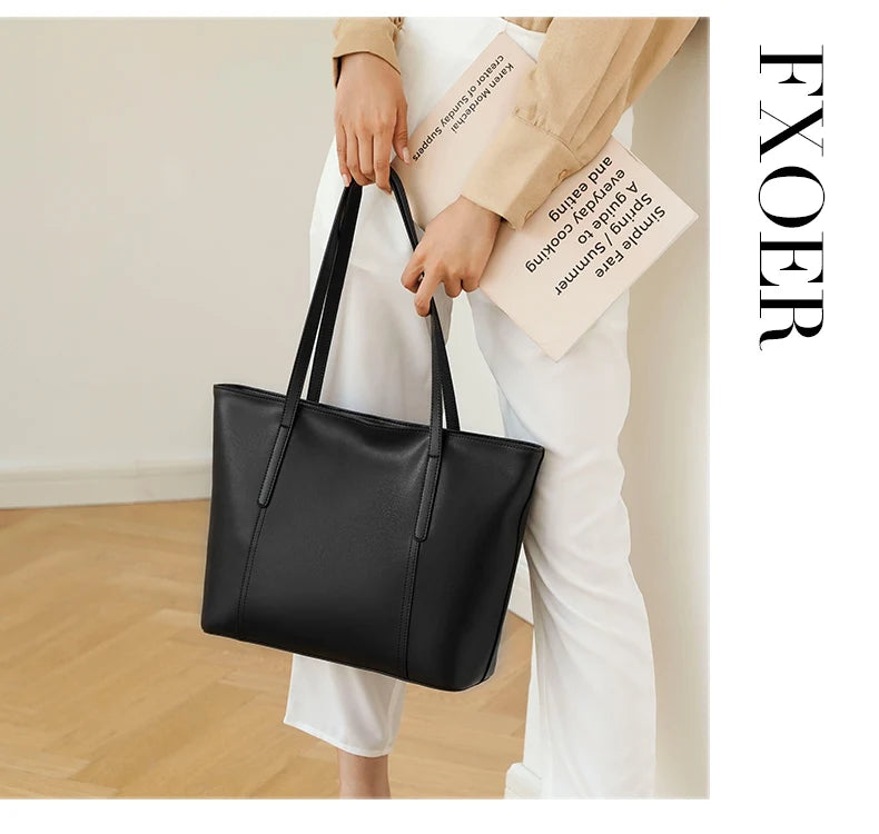 FOXER Split Leather Shoulder Bag for Women Simple Large Capacity Tote Lady Classic Black Handbag Gift for Wife, Lover