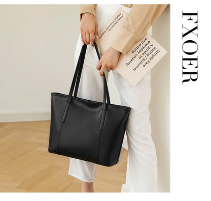 FOXER Split Leather Shoulder Bag for Women Simple Large Capacity Tote Lady Classic Black Handbag Gift for Wife, Lover